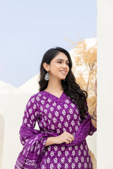 Royal Purple Cotton Printed Kurta Set with Dupatta