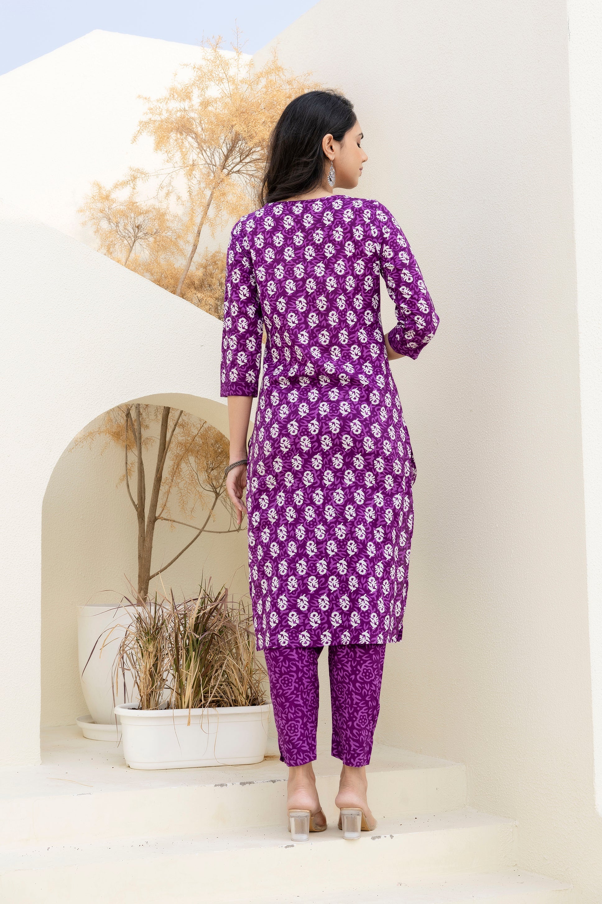 Royal Purple Cotton Printed Kurta Set with Dupatta