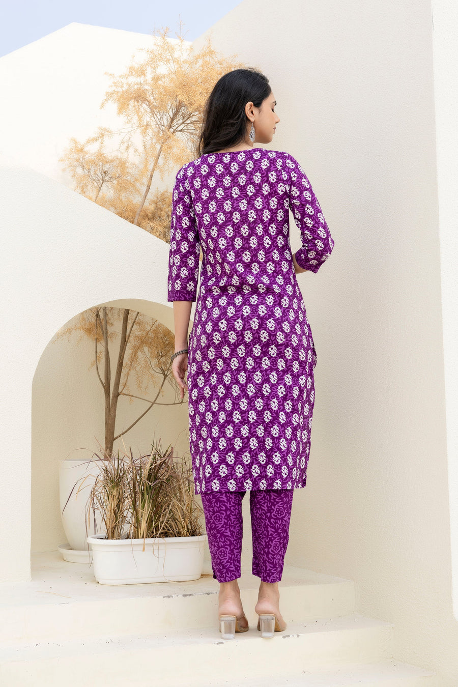 Royal Purple Cotton Printed Kurta Set with Dupatta — image 9