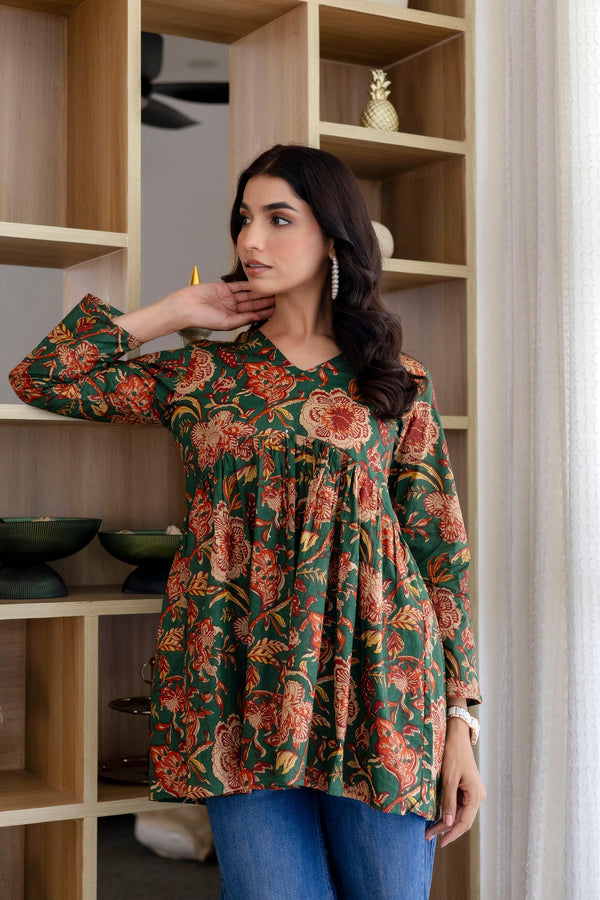 Floral Rhapsody Green Cotton Top