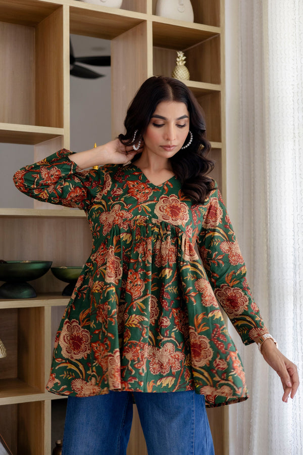 Floral Rhapsody Green Cotton Top