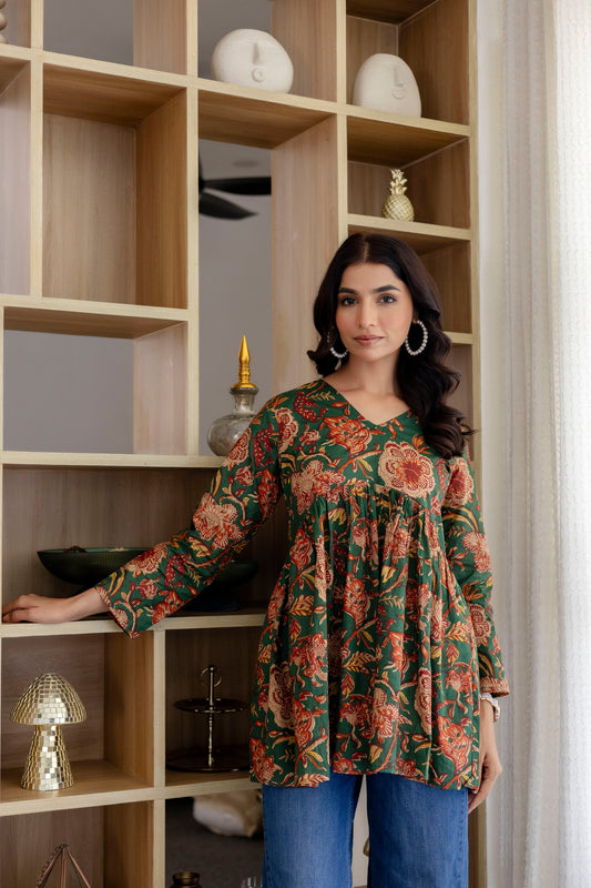 Floral Rhapsody Green Cotton Top - Me&My