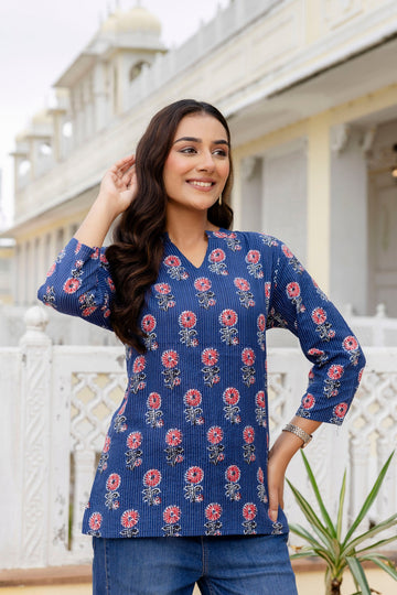 Indigo Drift Printed Cotton Top