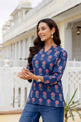 Indigo Drift Printed Cotton Top Me & My