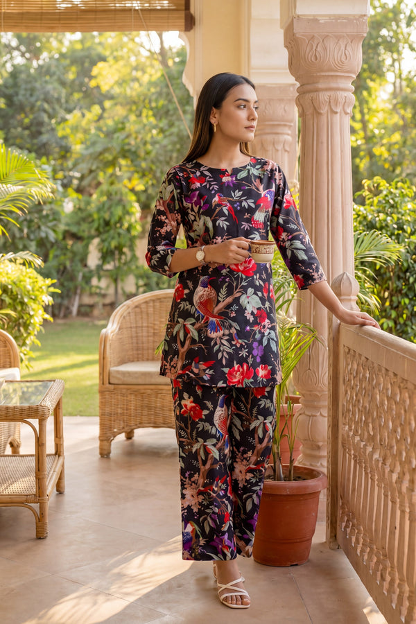 Elegant Black Cotton Botanical Co-ord Set