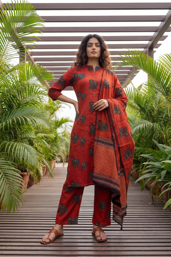 Crimson Herd Luxe Elephant Cotton Dupatta Set