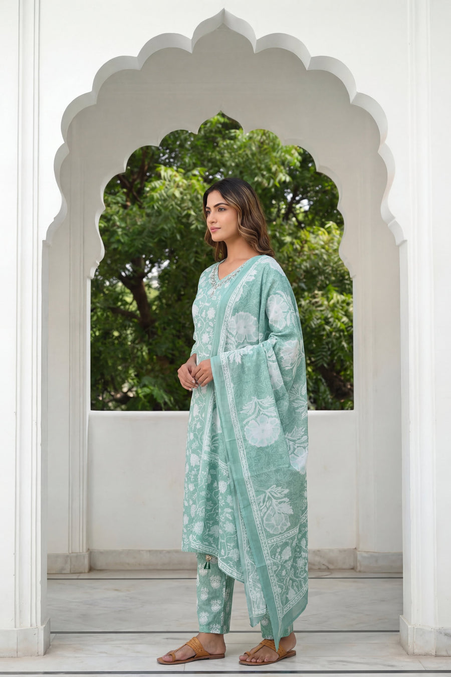 Teal Rose Drift Floral Cotton Dupatta Set — image 9