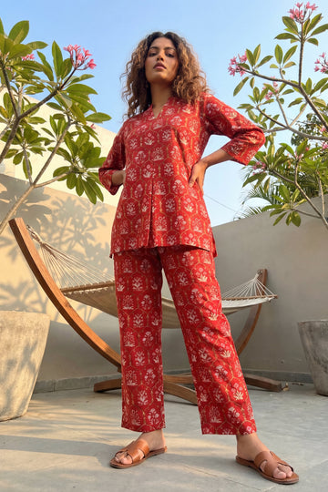 Ikat Geometry Red Cotton Co-ord Set