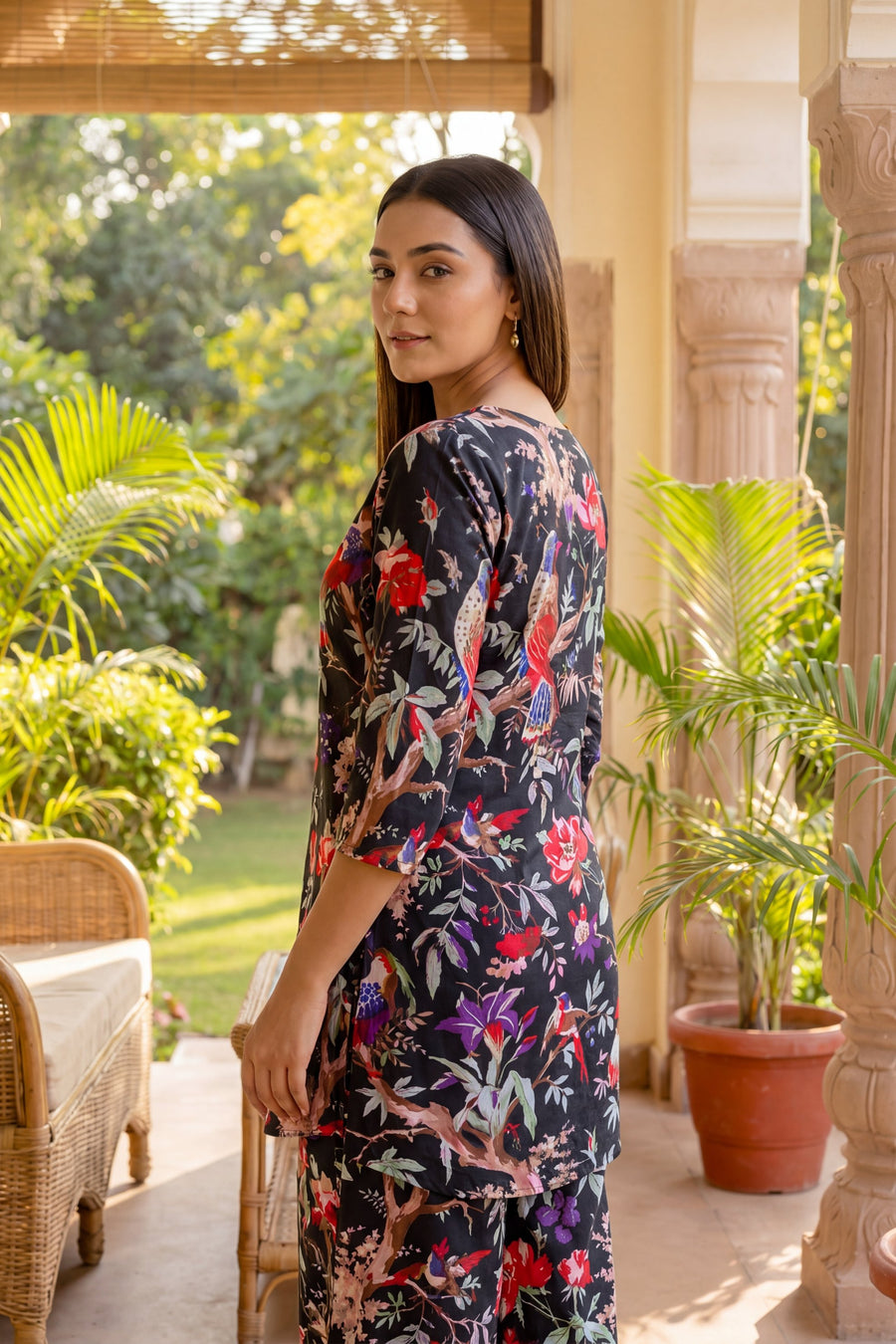 Elegant Black Cotton Botanical Co-ord Set — image 8