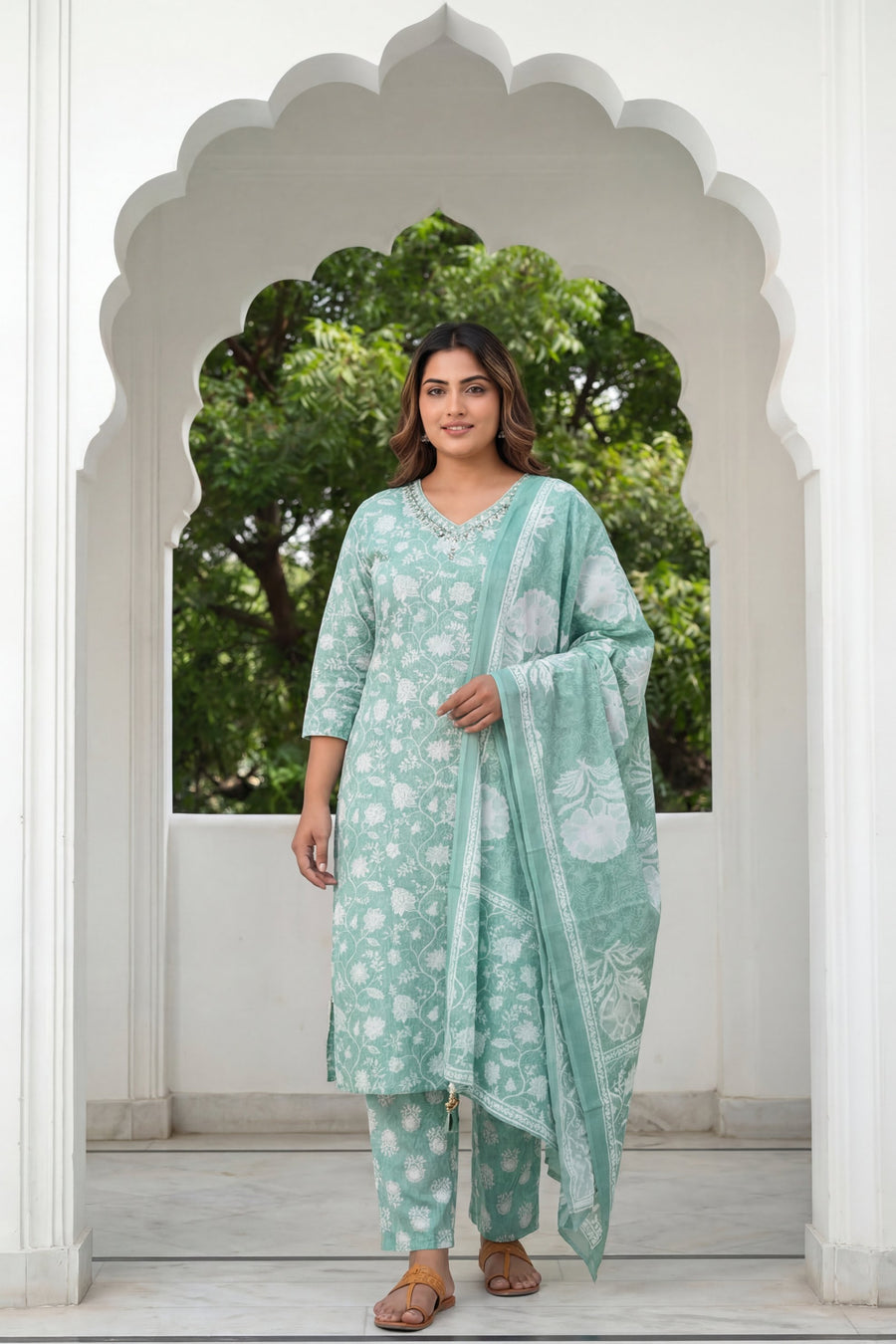 Teal Rose Drift Floral Cotton Dupatta Set — image 10