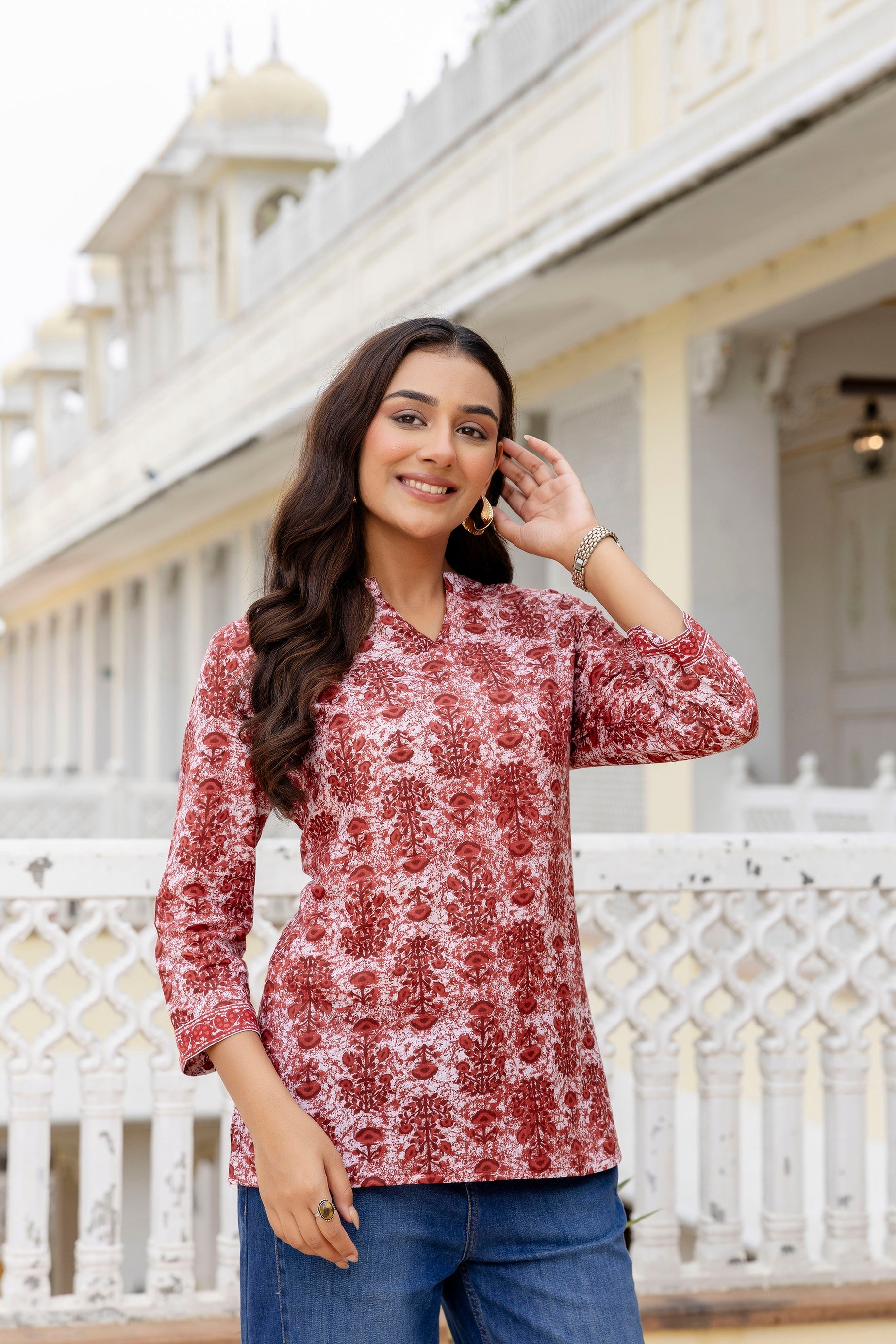 Crimsontrail Maroon Printed Cotton Top Me & My 
