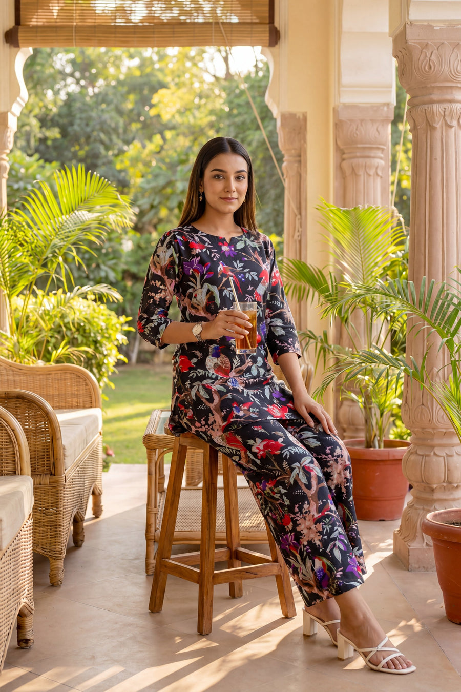 Elegant Black Cotton Botanical Co-ord Set — image 10