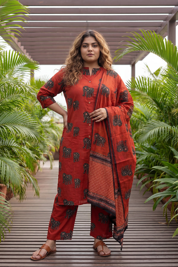 Crimson Herd Luxe Elephant Cotton Dupatta Set