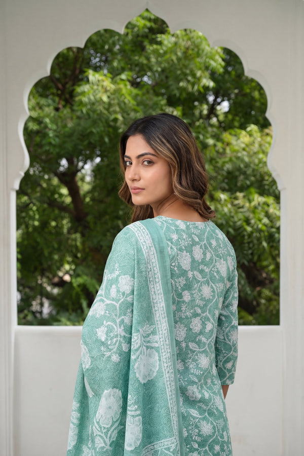 Teal Rose Drift Floral Cotton Dupatta Set