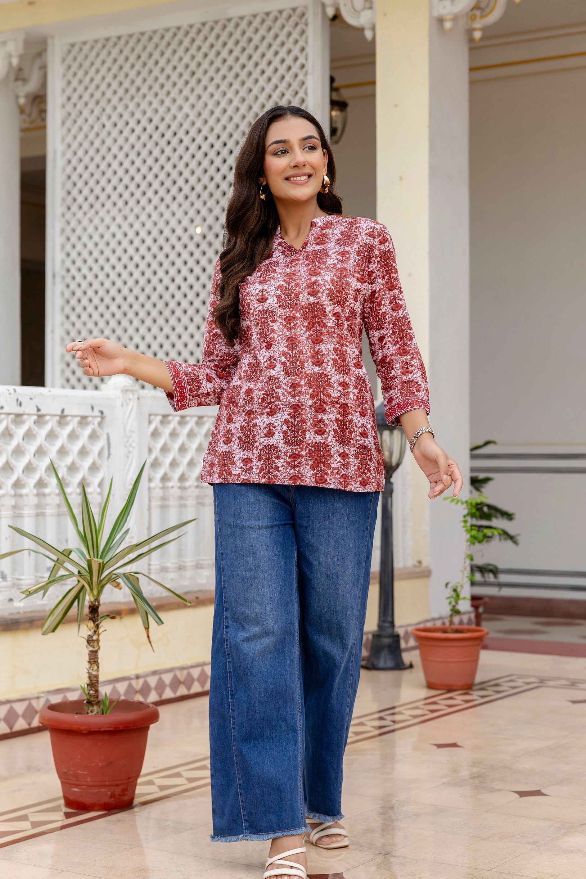 Crimsontrail Maroon Printed Cotton Top Me & My 