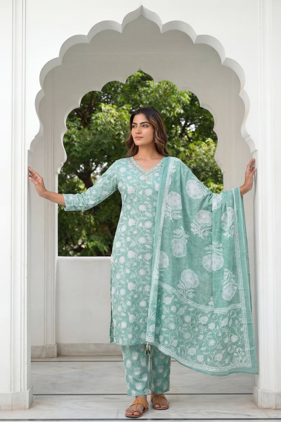 Teal Rose Drift Floral Cotton Dupatta Set — image 11