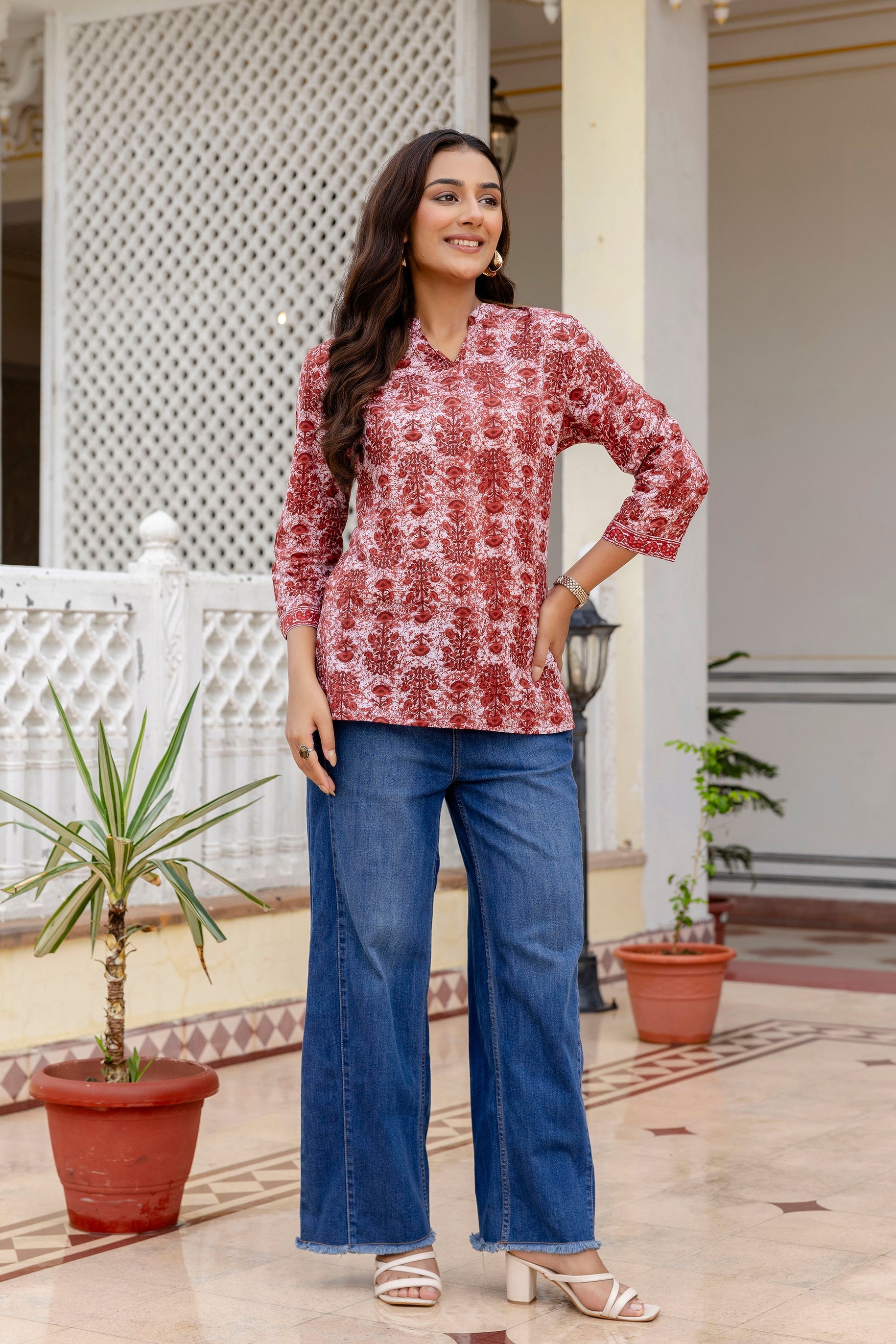 Crimsontrail Maroon Printed Cotton Top Me & My 
