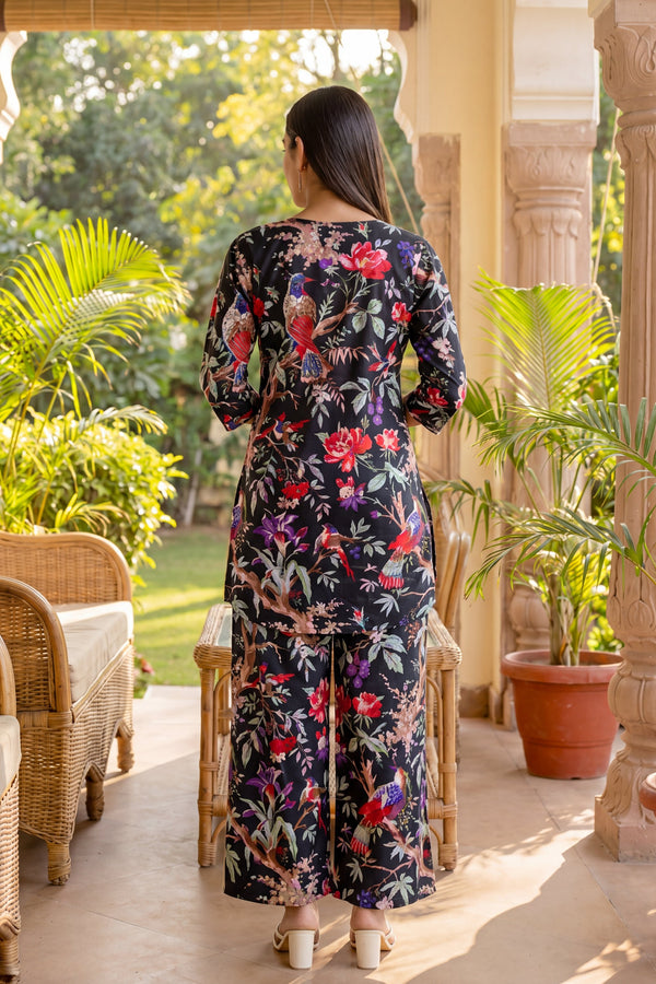 Elegant Black Cotton Botanical Co-ord Set