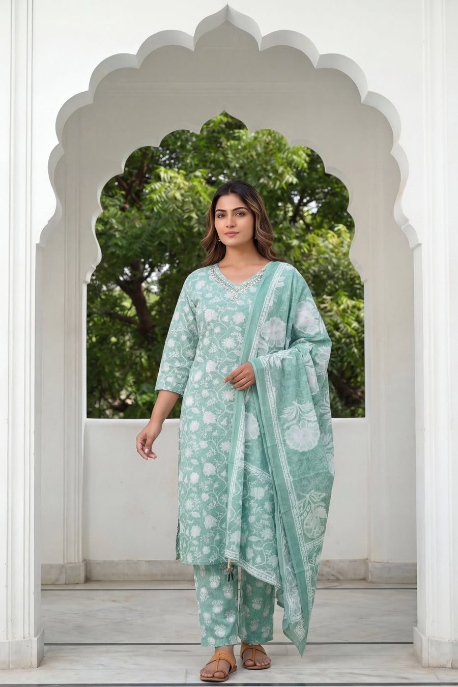 Teal Rose Drift Floral Cotton Dupatta Set — image 6