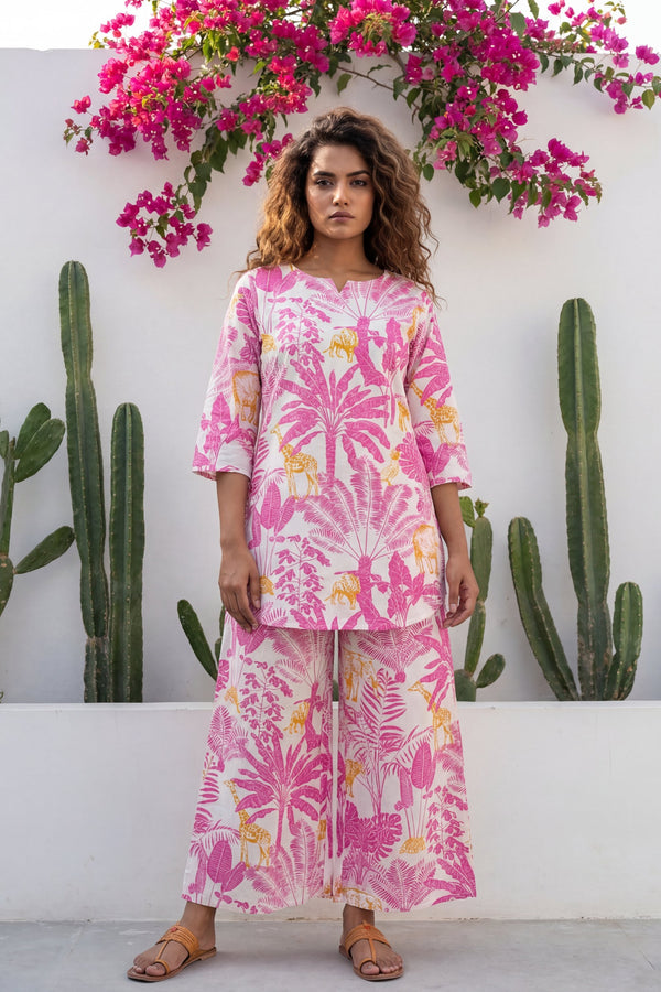 Safari Chic Bright Pink Leopard Palm Cotton Co-ord Set