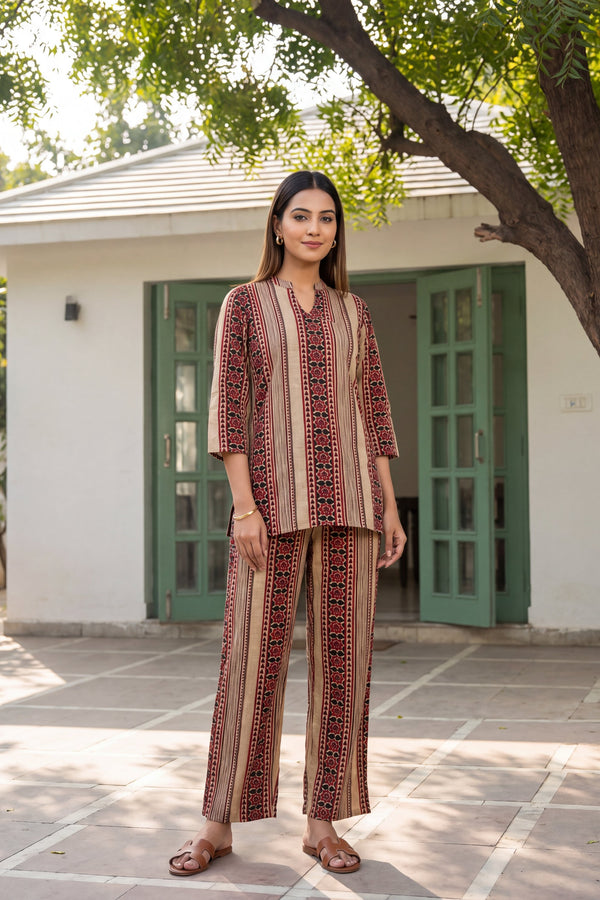 Rosewood Stripe Angrakha Cotton Co-ord Set