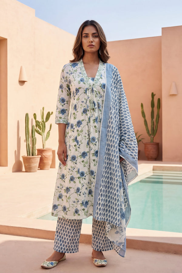 Ivory Rose Garden Blue Floral Cotton Dupatta Set