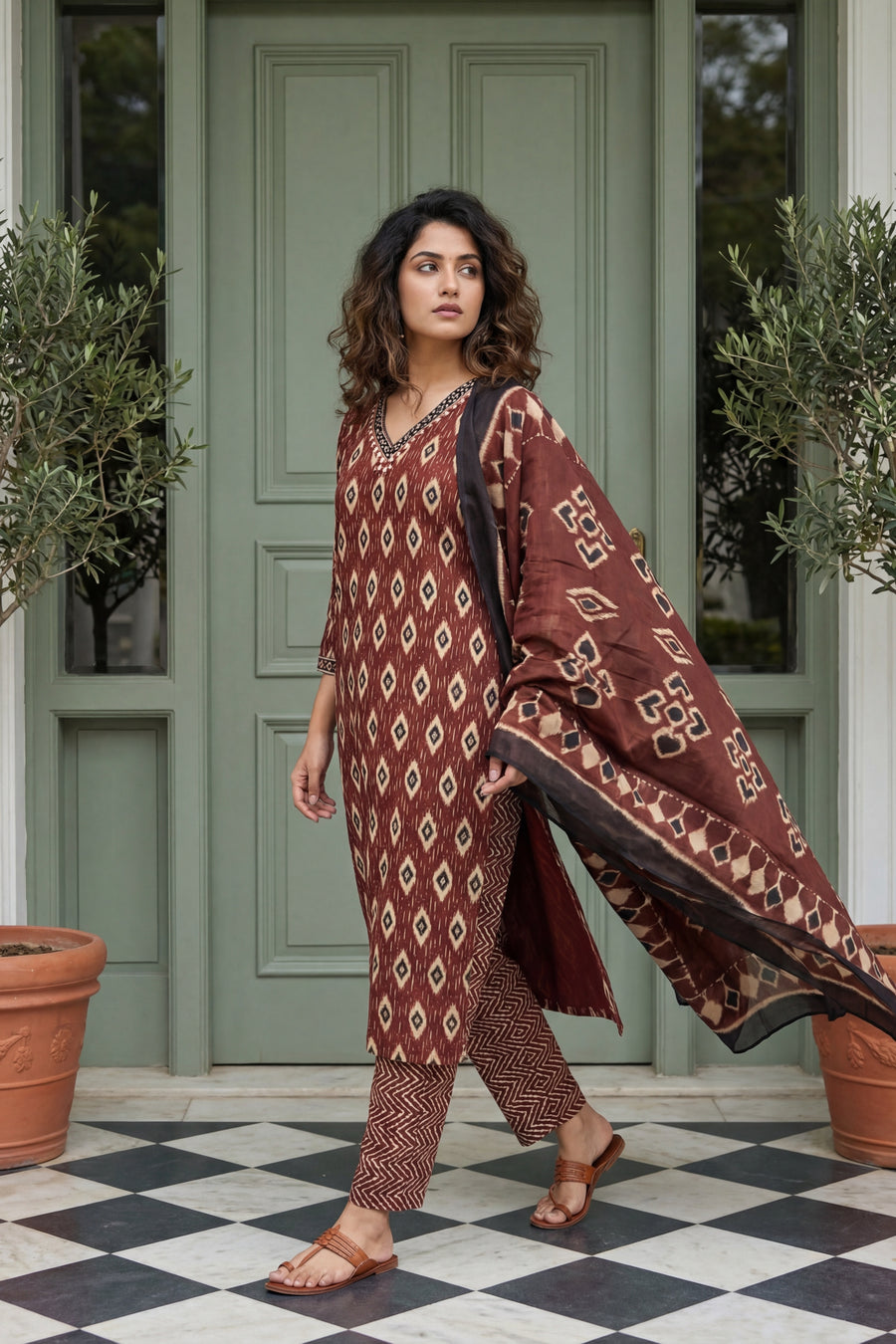 Burgundy Brilliance Cotton Kurta Dupatta Set — image 5