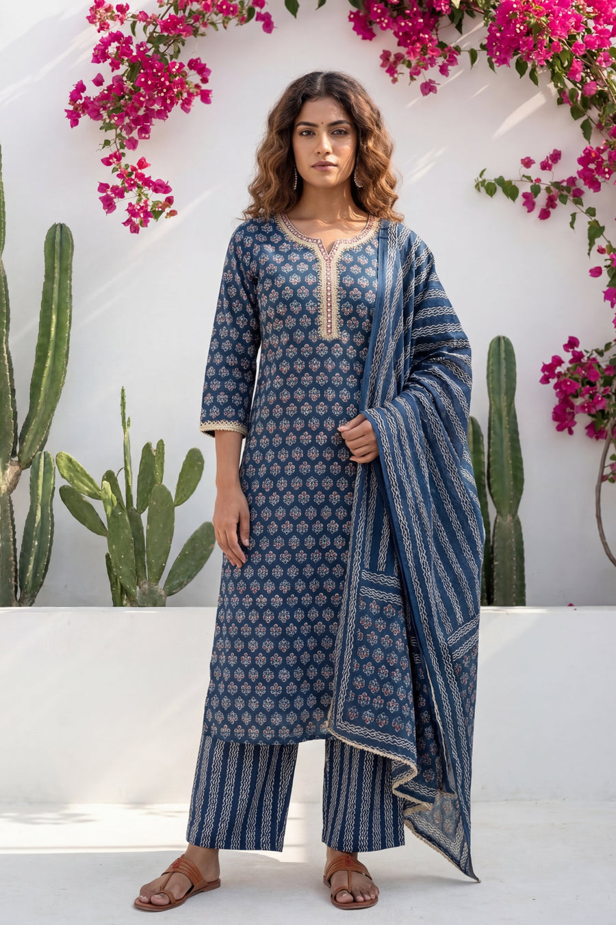 Indigo Boota Crest Floral Cotton Dupatta Set — image 9