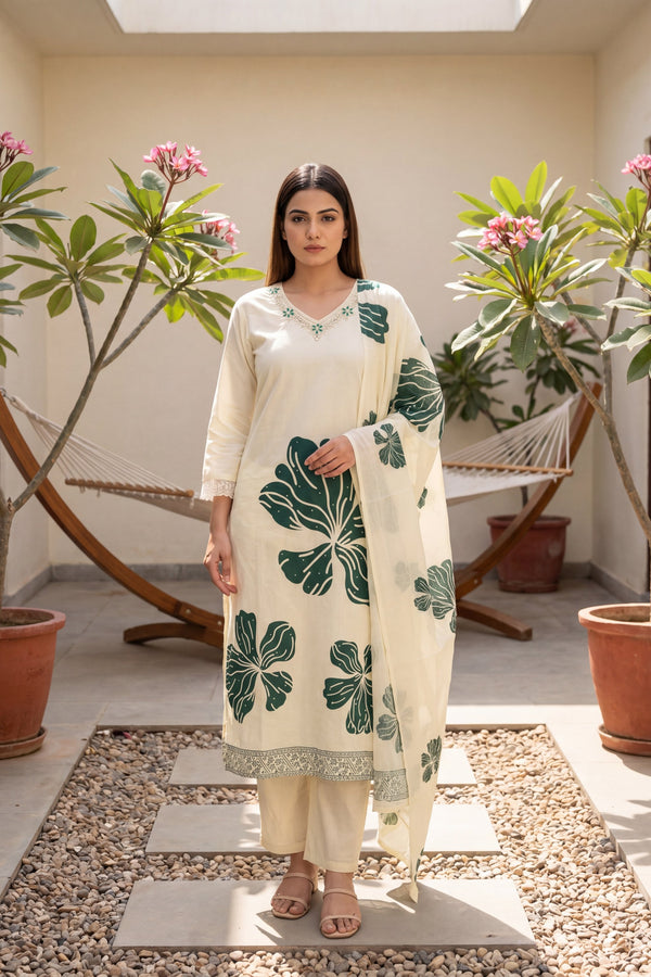 Sheesham Grove Ivory Leaf Print Cotton Suit Set