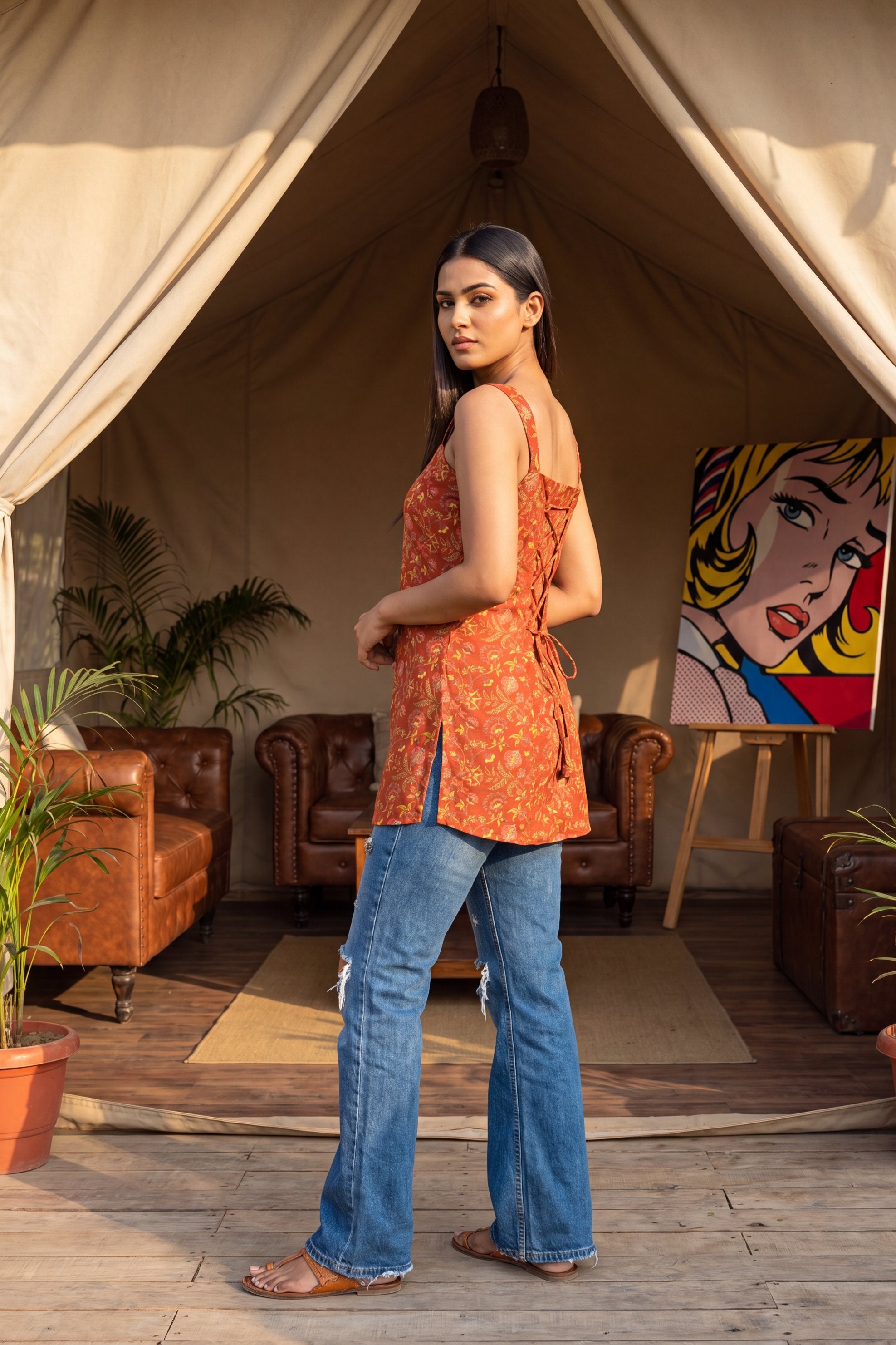 Sunlit Orange Square Neck Cotton Top