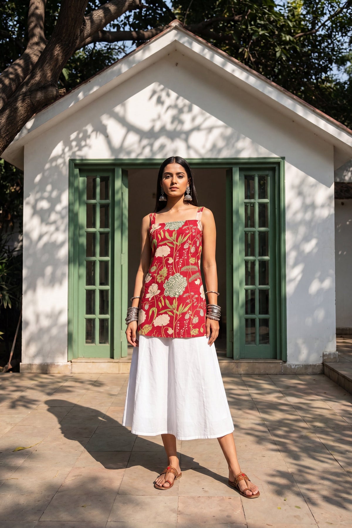 Crimson Bloom Square Neck Cotton Top