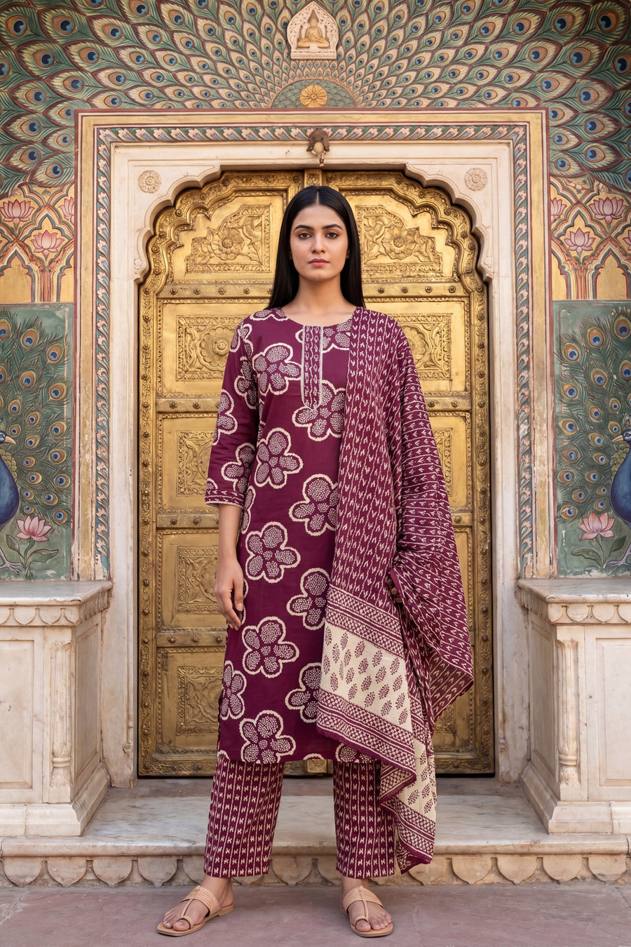 Woven Katha Plum Floral Cotton Suit Set — image 9