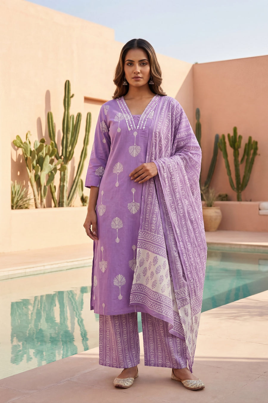 Lilac Palm Reverie Boota Cotton Dupatta Set — image 9