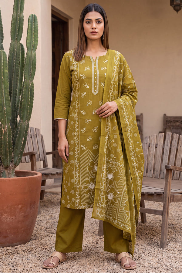 Lagoon Olive Cotton Dupatta Set