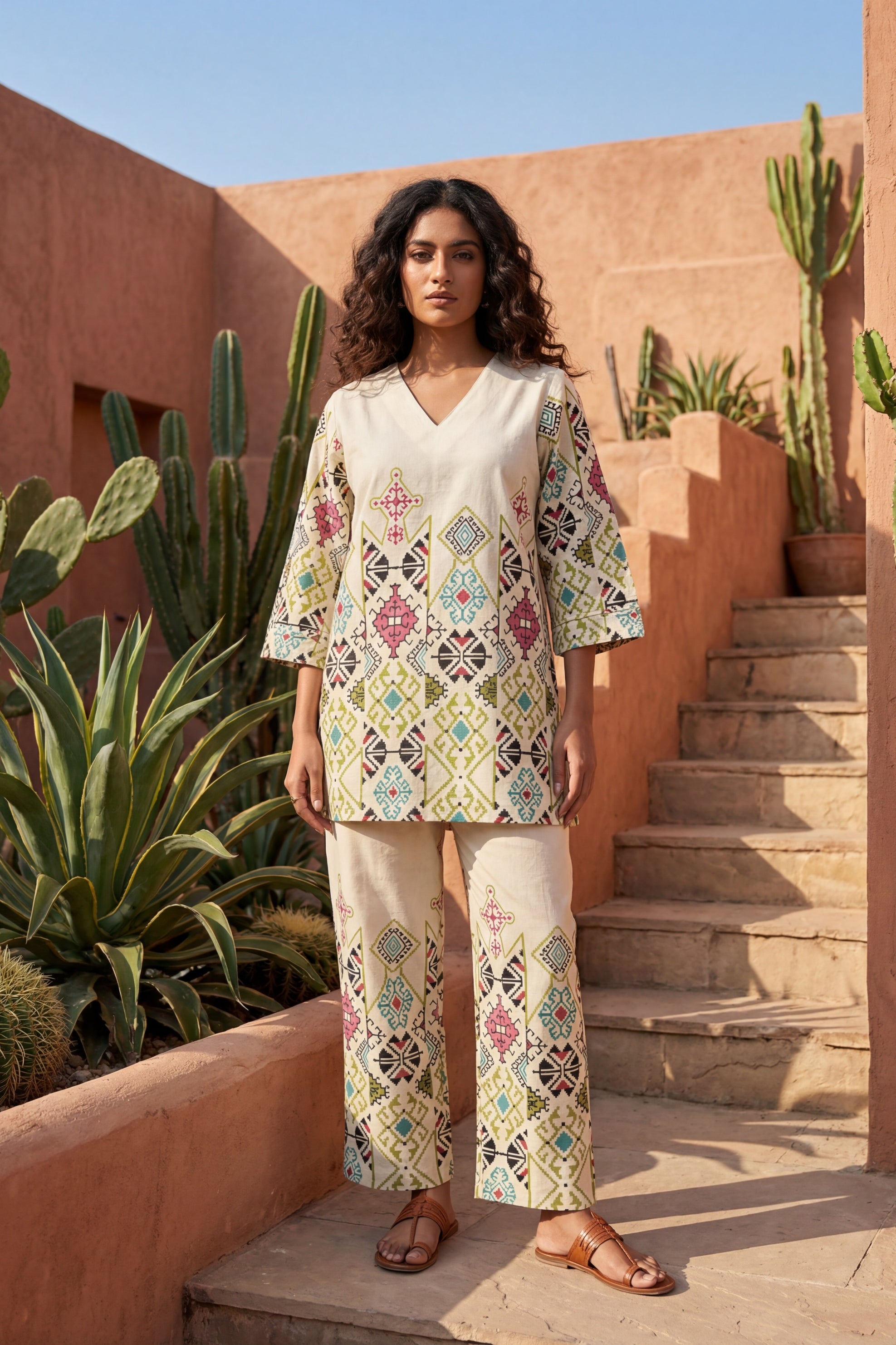 Bohemian Jewels Cream Cotton Flex Co-ord | Geometric Diamond Print | Me&My