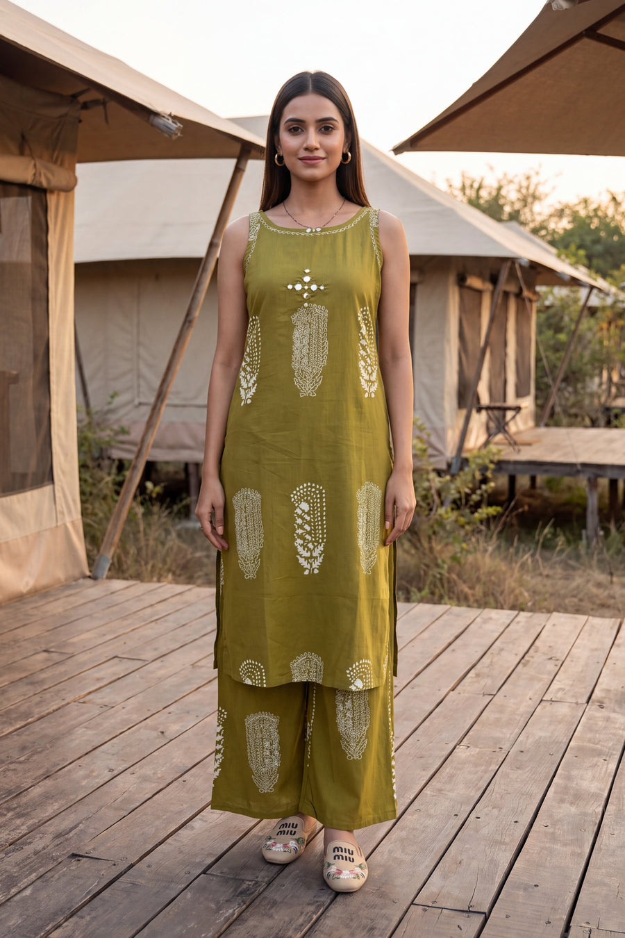 Olive Gilt Sleeveless Cotton Co-ord Set — image 5