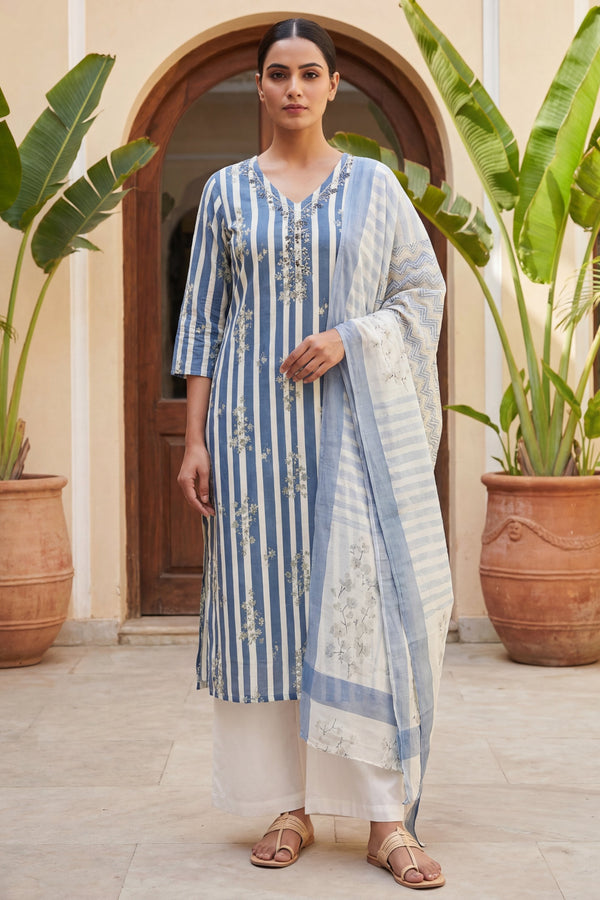 Slate Sprig Elegance Stripe Cotton Dupatta Set