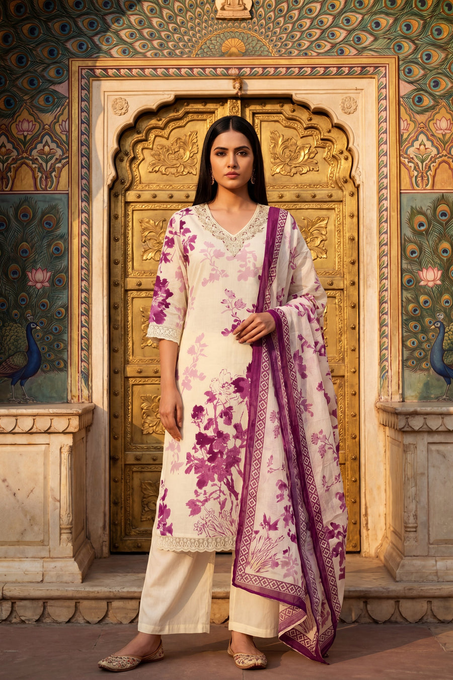 Silk Road Echo Plum Scattered Floral Cotton Suit Set — image 8