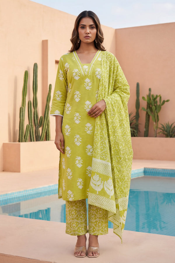 Lime Rosebud Garden Floral Cotton Dupatta Set