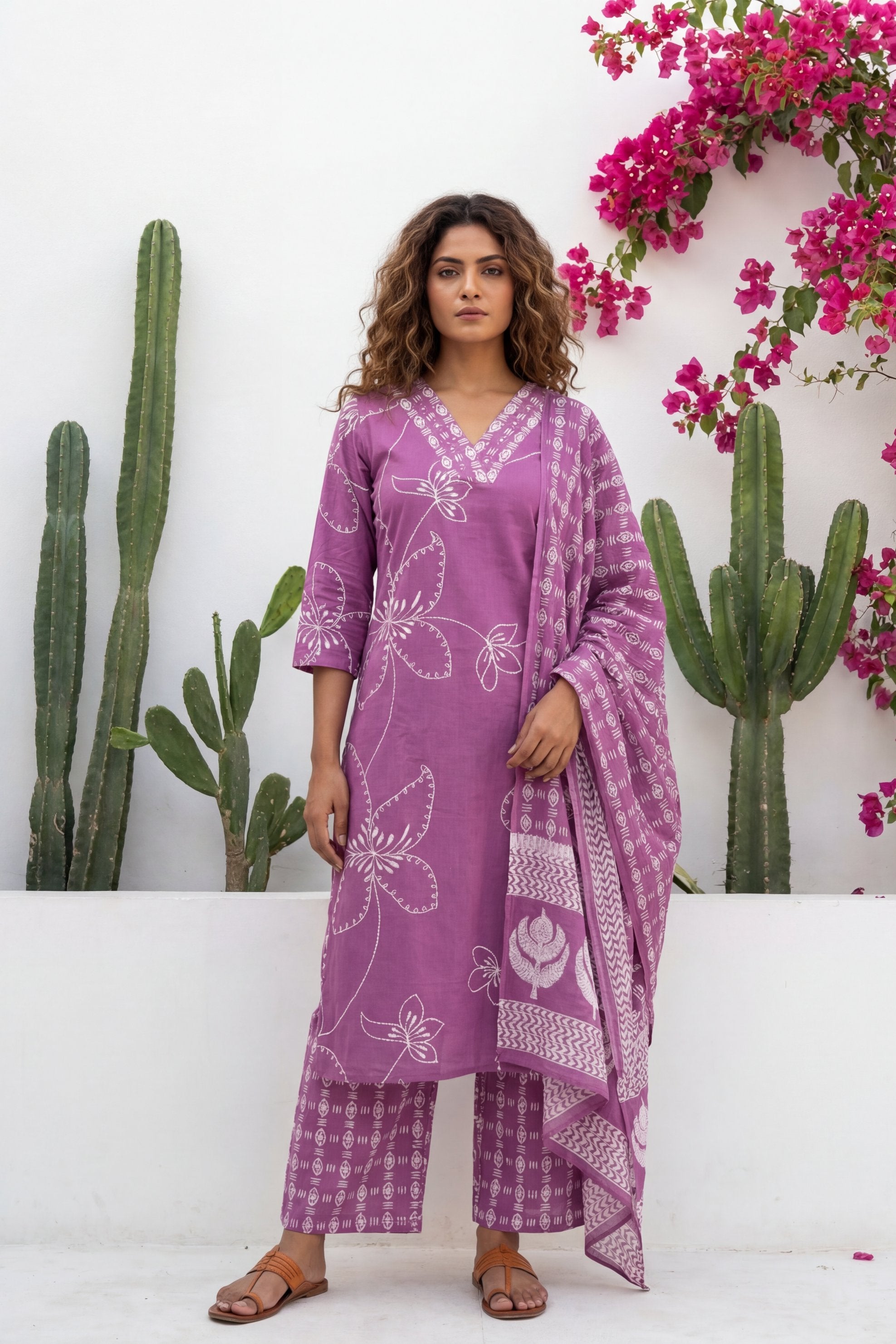 Mauve Garden Drift Floral Cotton Dupatta Set | Me&My
