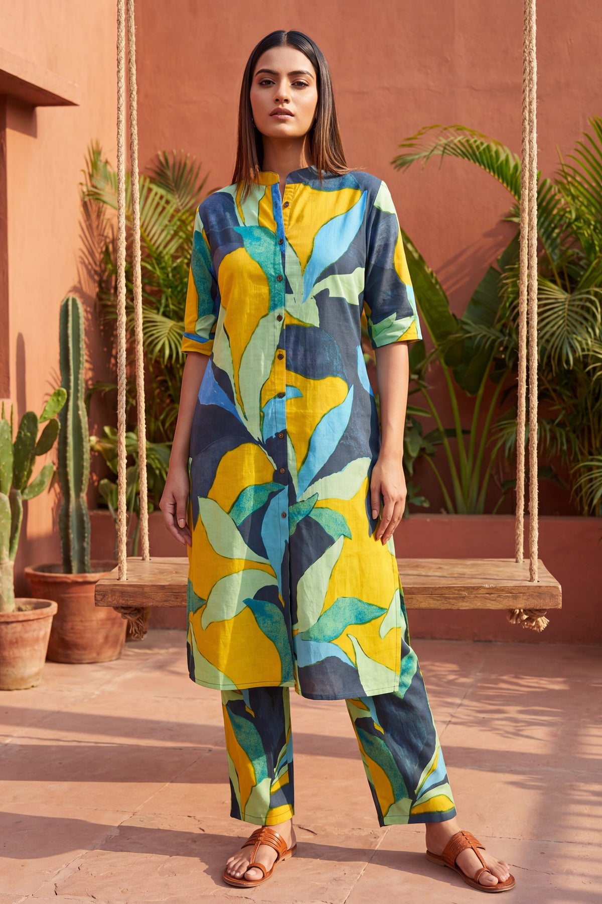 Café Mustard Mandarin Cotton Co-ord Set