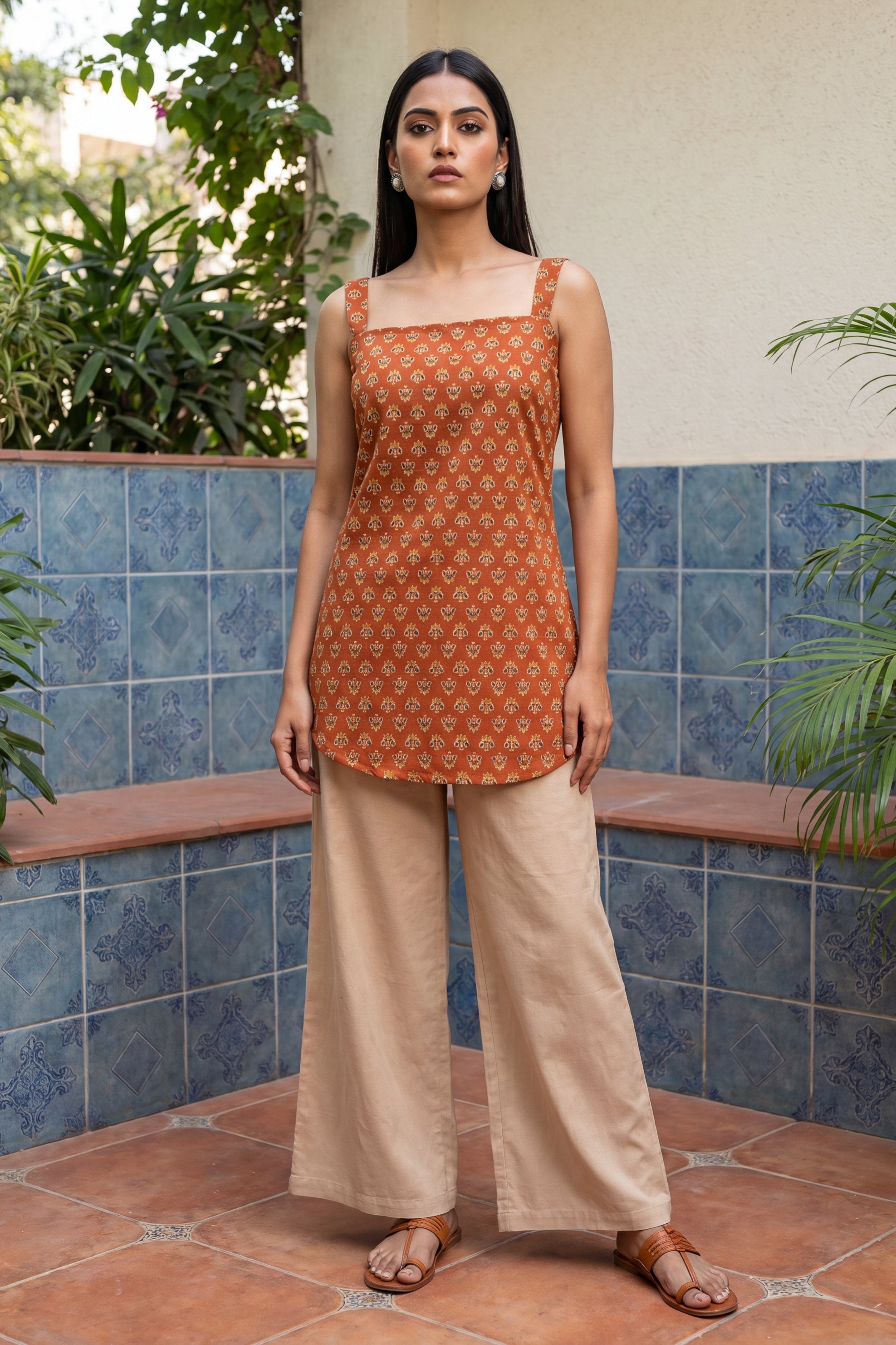 Saffron Bloom Square Neck Cotton Top