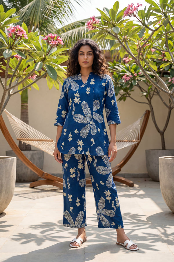 Garden Reverie Royal Blue Cotton Angrakha Co-ord Set