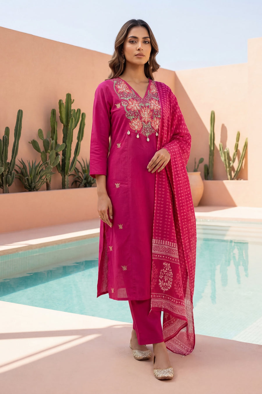 Magenta Cowrie Bloom Embroidered Cotton Dupatta Set — image 7