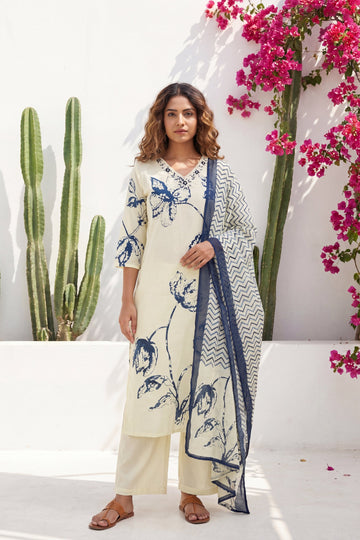 Cream Iris Garden Botanical Cotton Dupatta Set