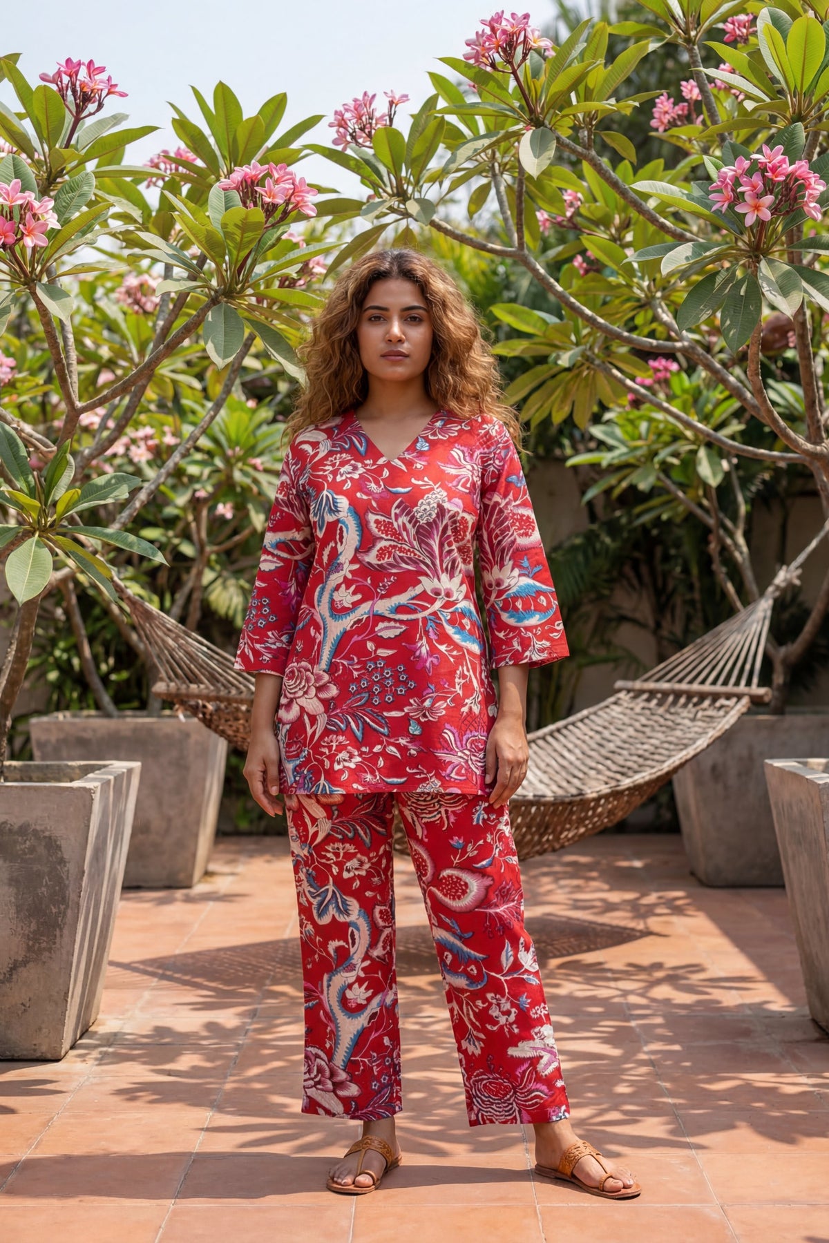 Avian Bloom Red Cotton Co-ord Set