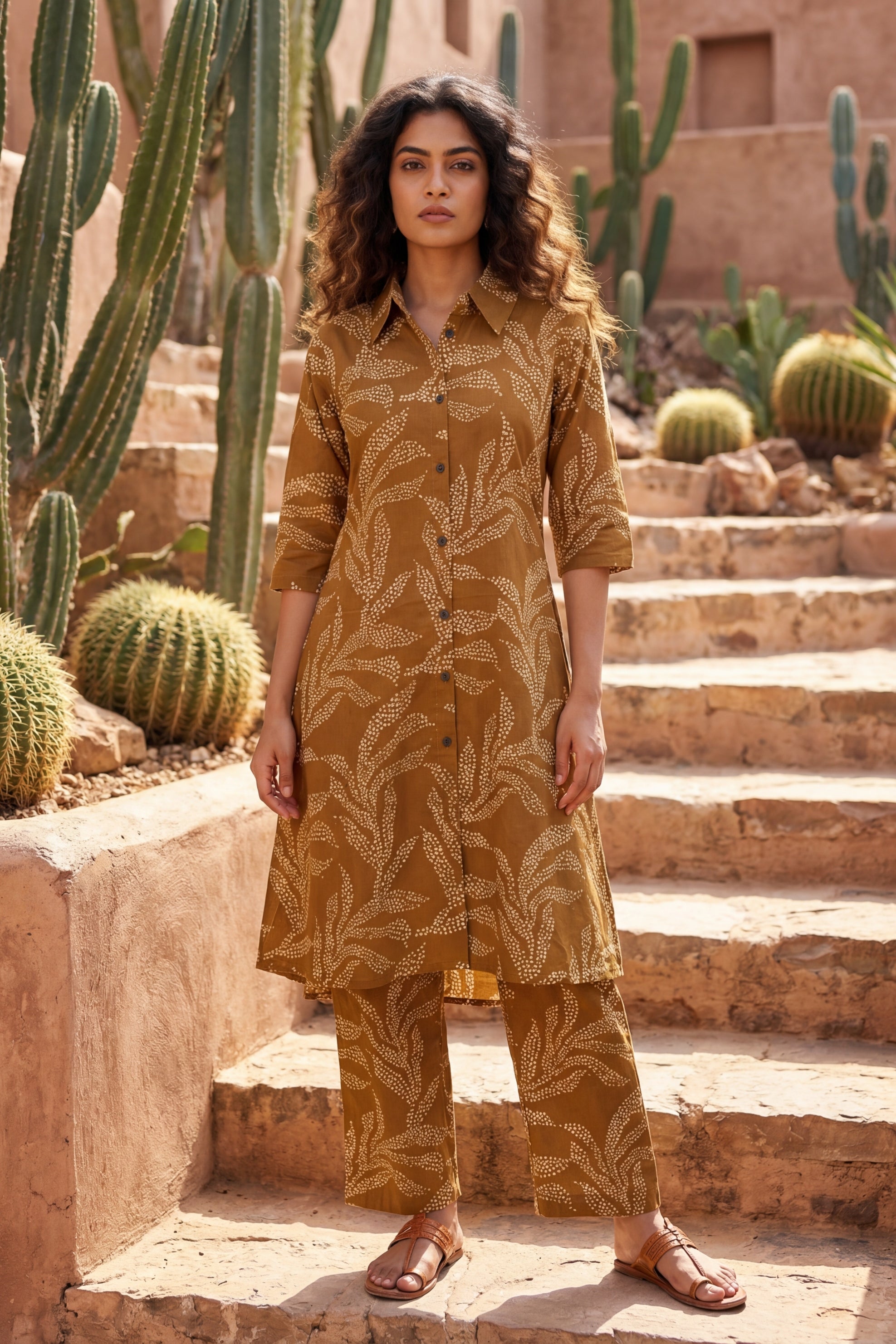 Warm Canvas Brown Cotton Co-ord | Beige Botanical Print | Me&My