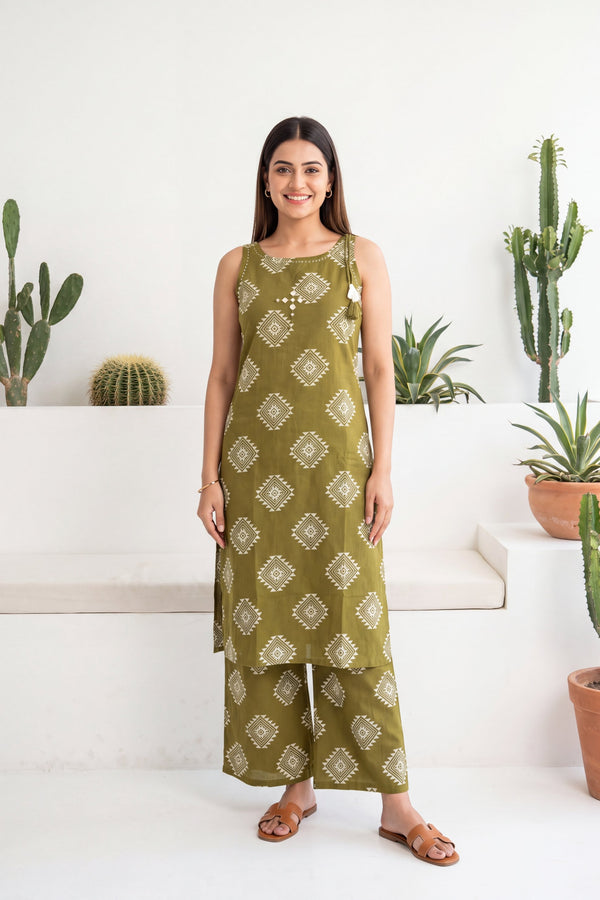 Verdant Ease Sleeveless Cotton Co-ord Set
