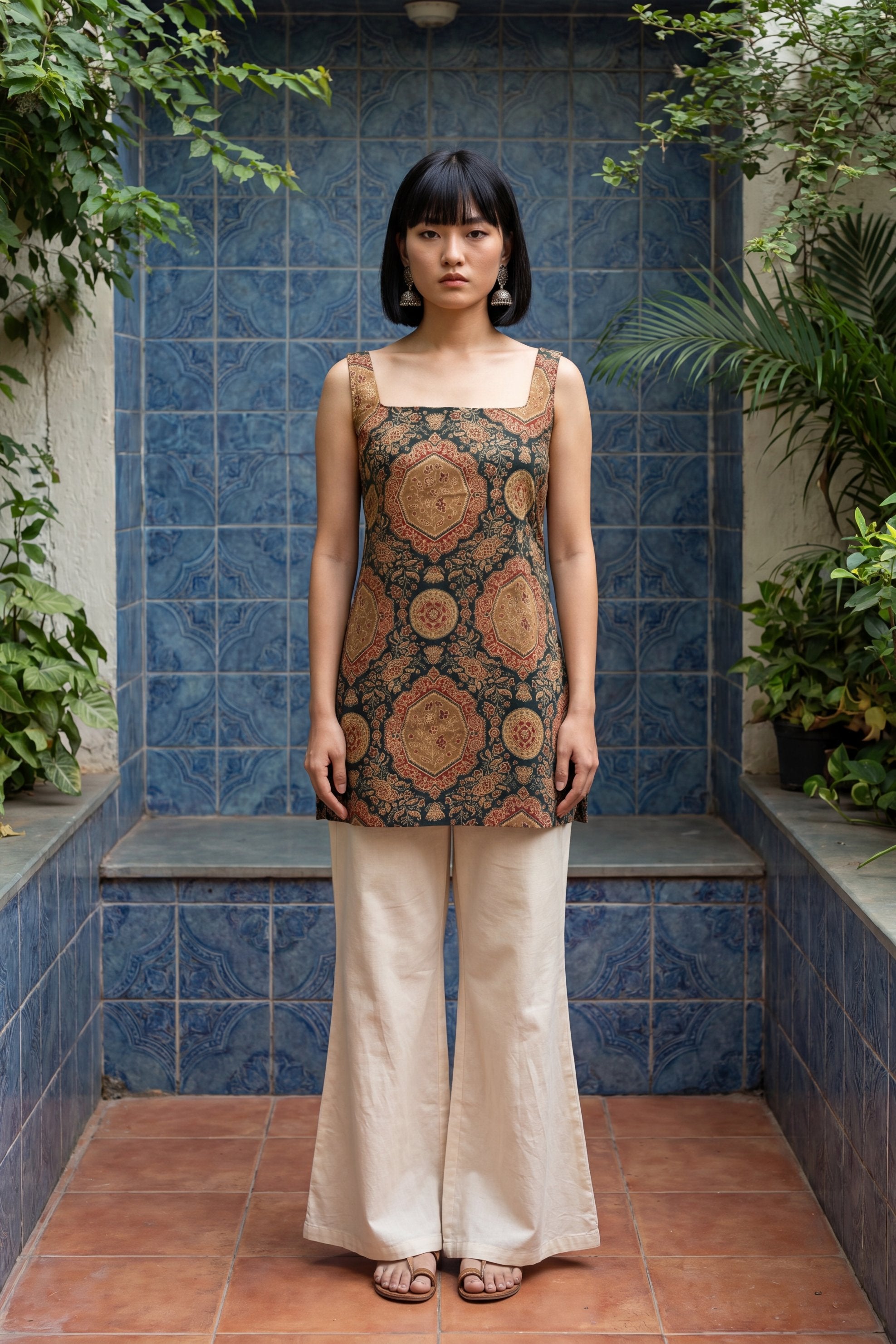 Editorial Sage Green Square Neck Cotton Top