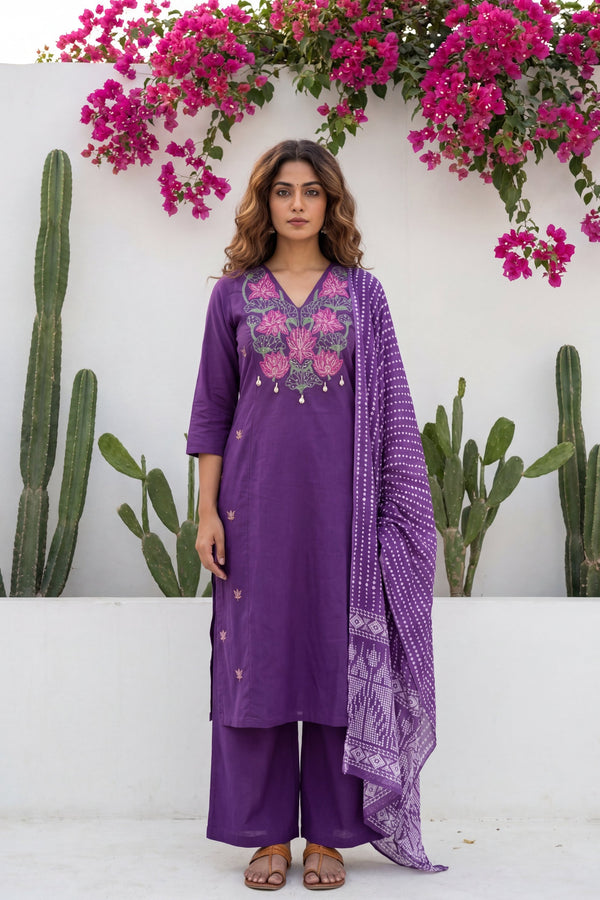 Plum Boota Sovereign Embroidered Cotton Dupatta Set